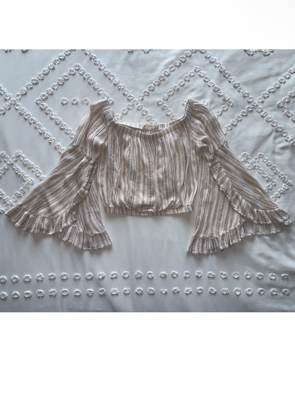 Altar'd State Cream Off-Shoulder Ruffled Bell Sleeve Crop Top
